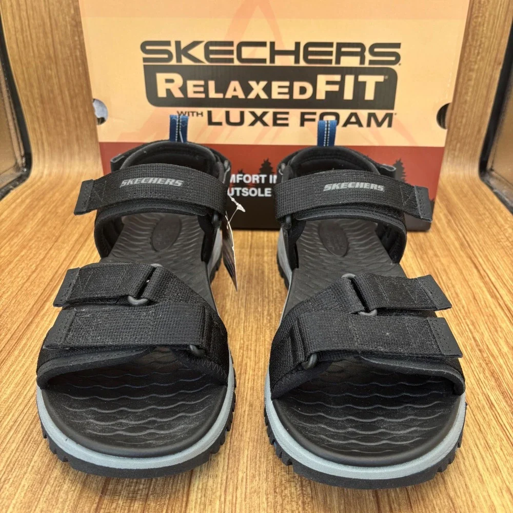 Skechers Relaxed‎ Fit Sandals Mens 12 Black New Luxe Foam Strappy Outdoor Hiking